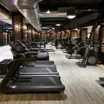 The floor of a well-equipped gym featuring a combination of light grey flooring in the foreground and wood-look planks in the background where cardio machines are placed.