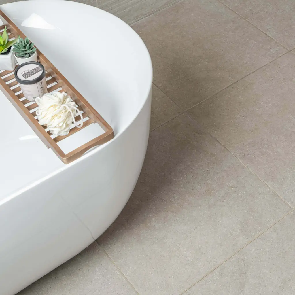 Bathroom Renovation 14 anti-slip-stone-effect-bathroom-floor-tiles-with-freestanding-white-bath-and-wooden-bath-caddy