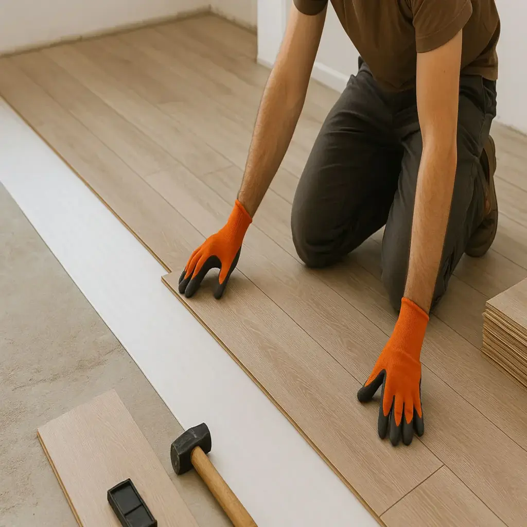 Villa Renovation 8 worker-installing-premium-hardwood-flooring-planks-rubber-mallet