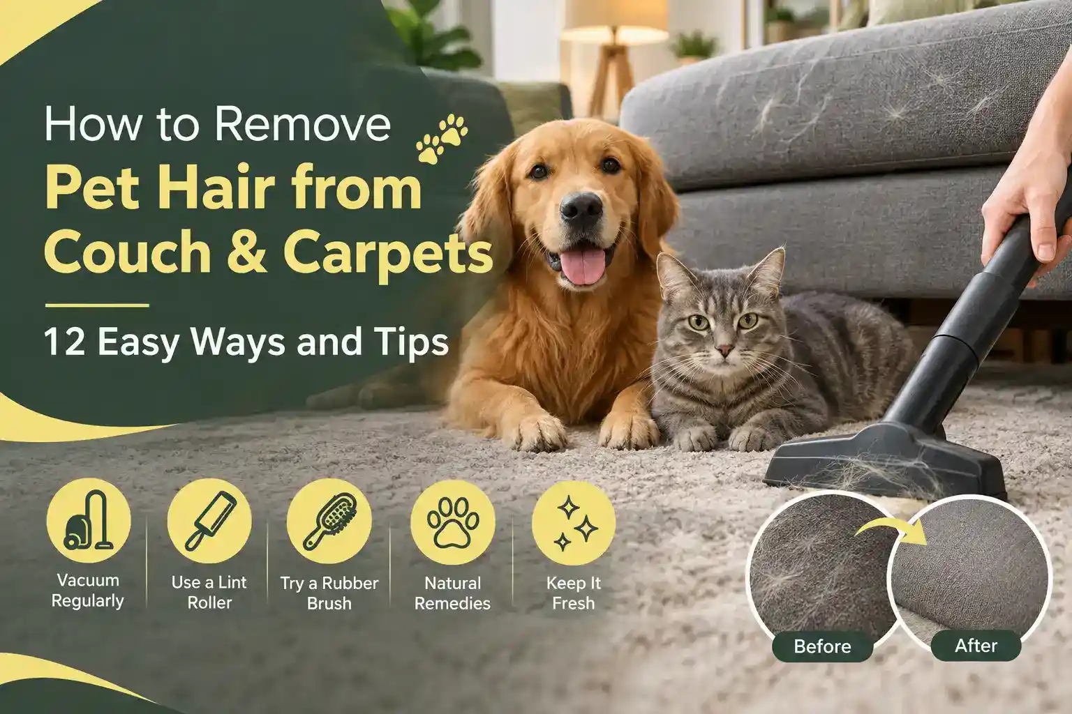 How to Remove Pet Hair from Couch & Carpets | 12 Easy Ways and Tips 1 Remove Pet Hair from Couch & Carpets