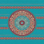 Mosque carpet design featuring an intricate circular medallion in the center with floral and geometric patterns in red, gold, and blue.