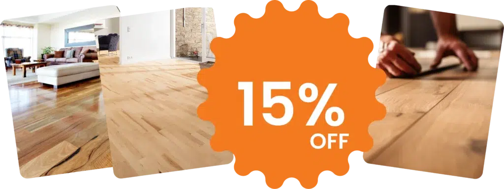 promotional image for a flooring service, featuring a collage of three photos