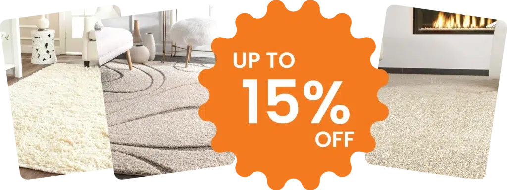 promotional image for a rug sale, featuring three different rugs in a collage