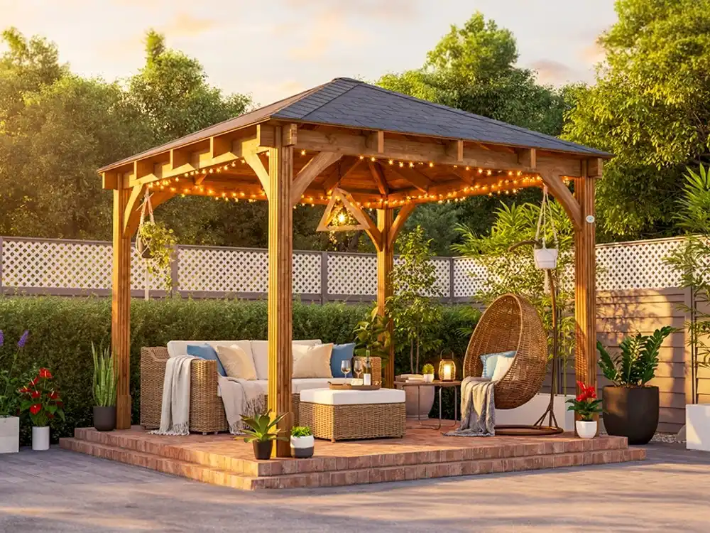 wooden-gazebo-with-string-lights-and-wicker-furniture-in-a-garden-setting