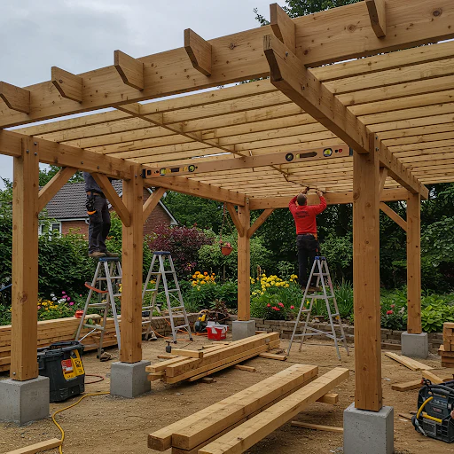 two-workers-building-a-large-wooden-pergola-structure-in-a-garden