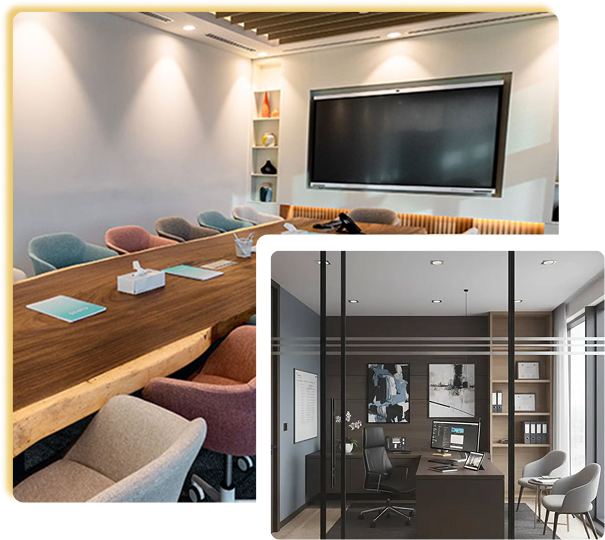 Two modern office interior photos overlapping in a gold bordered frame