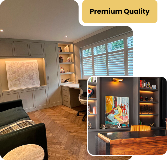 two-premium-home-office-interiors-with fitted cabinetry and-elegant-lighting-labeled-premium-quality