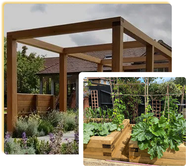 wooden-pergola-beside-a-lavender garden border, with an-inset-image-of-a-raised-vegetable-planting-bed