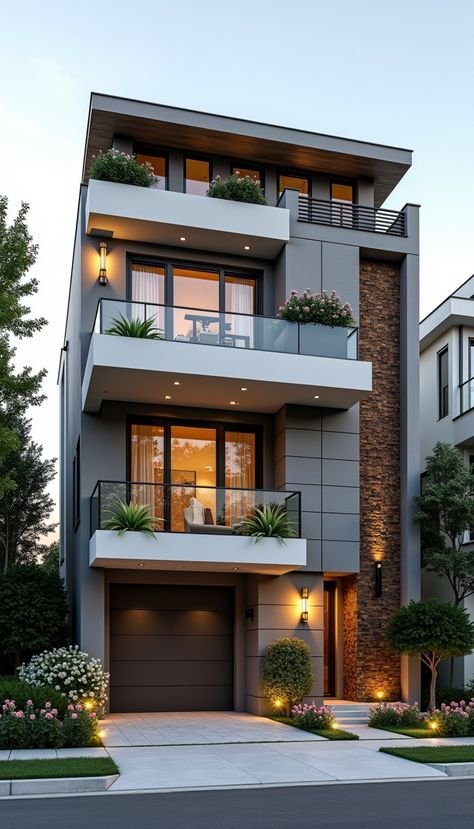 Villa Renovation 12 redesigned-three-story-villa-facade-gray-panels-stone-accents-glass-balconies