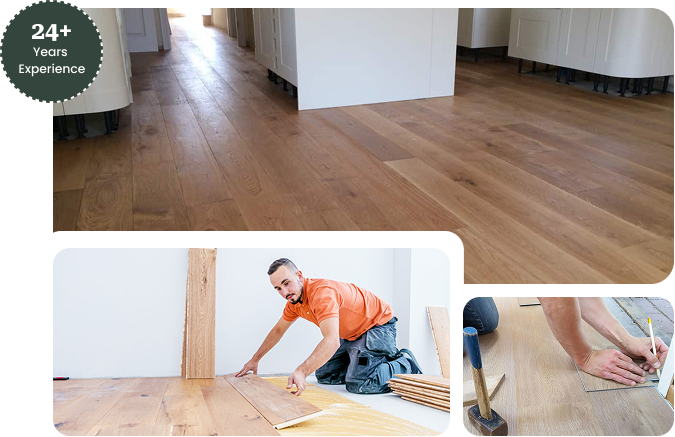 Flooring company promotional image showing wide plank oak installation and 24 years experience badge