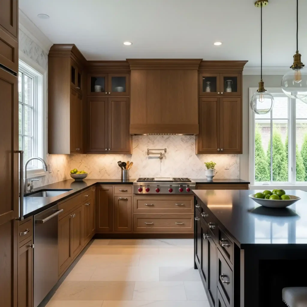 classic-kitchen-with-rich-walnut-wood cabinetry-black-countertops-and-marble-backsplash