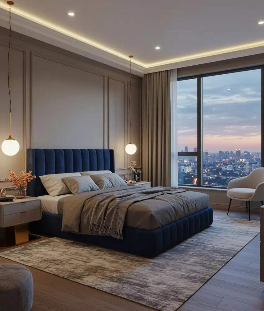 Luxury Dubai bedroom with navy velvet bed and city skyline view at dusk