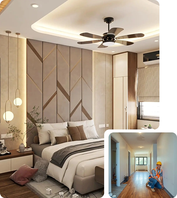 luxury-bedroom-renovation-with geometric wall panels-and-construction-worker