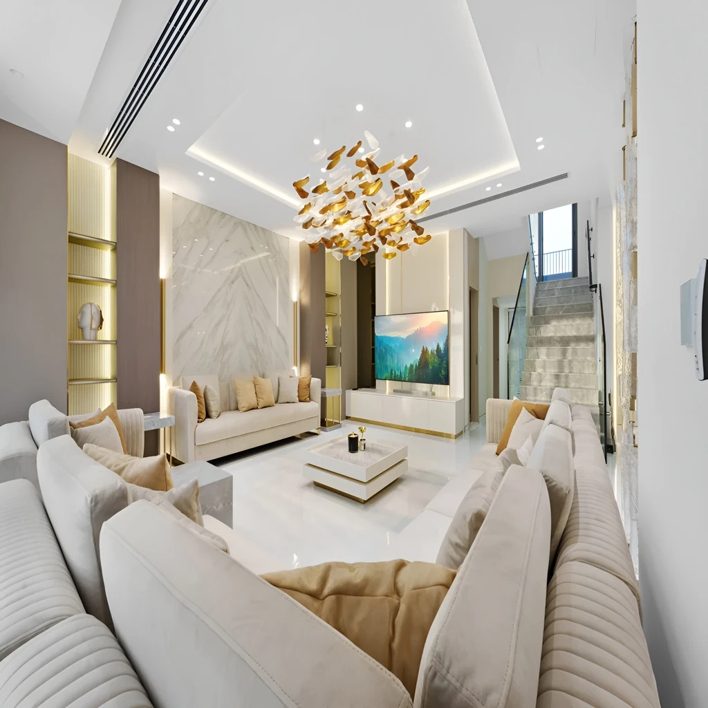 Luxury living room with gold sculptural chandelier and marble feature wall 1
