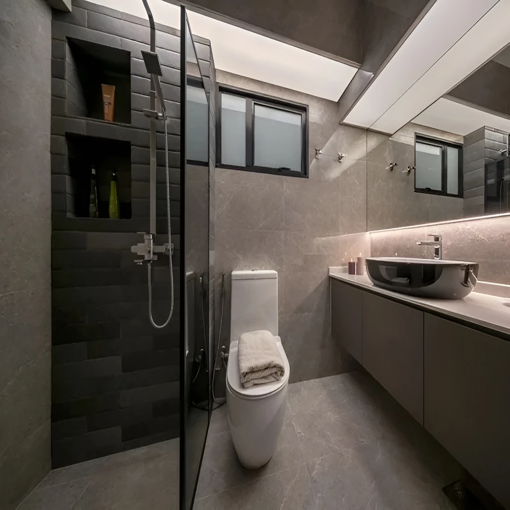 Modern dark grey bathroom with glass shower vessel sink and LED lighting