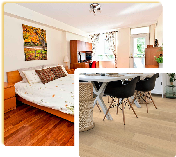 Two interior rooms showcasing warm hardwood and light laminate flooring 2