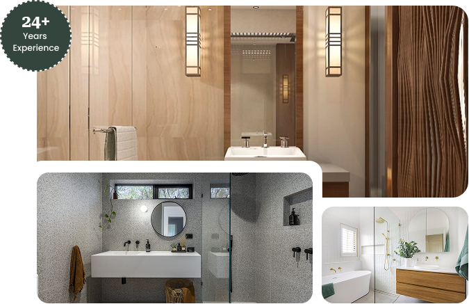 bathroom-renovation-collage-featuring-wood-panelled-vanity-with-wall-sconces-terrazzo-tiled-bathroom-with-round-mirror-and-modern-bathroom-with-freestanding-bath-and-gold-shower-fittings