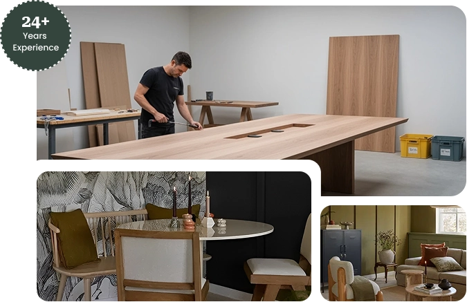 a-furniture-craftsman-working-on-a-large wooden conference table, with showroom-displays-of-dining-and-living-room-furniture-sets-below