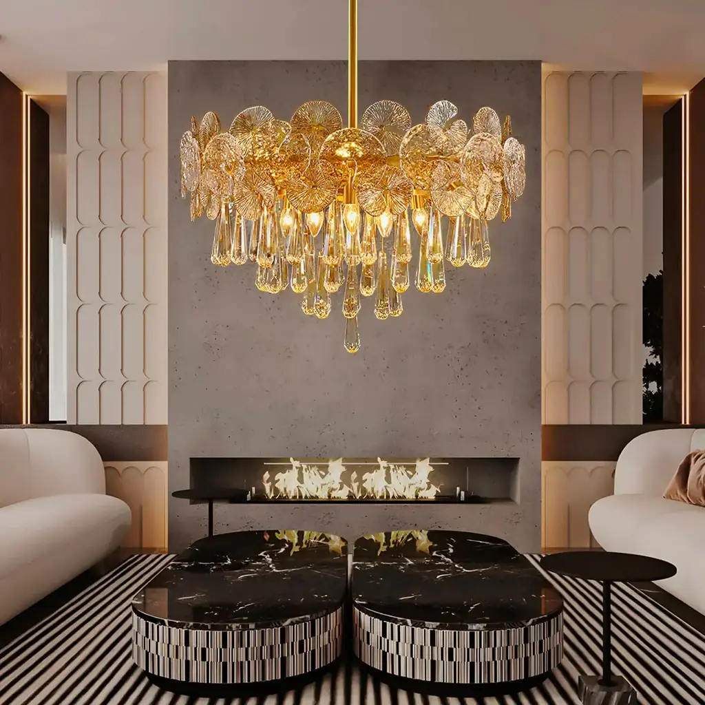 Villa Renovation 20 rystal-branch-chandelier-gold-frame-modern-living-room