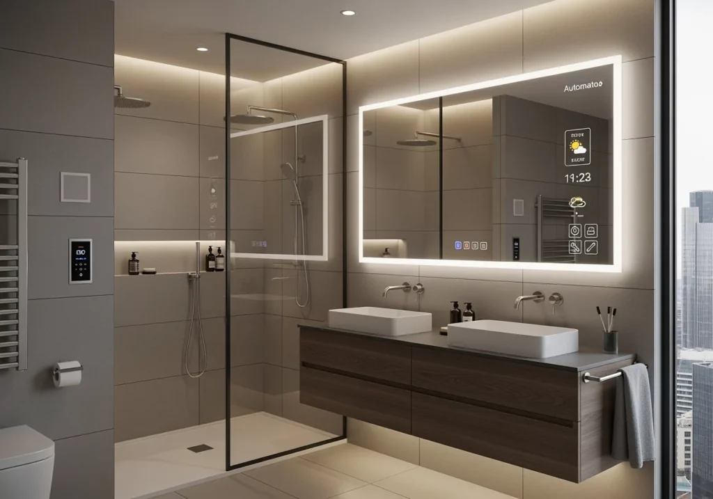 smart-bathroom-with-digital-mirror-display-touch-control-panels-walk-in-rainfall-shower-and-double-vessel-basins-on-dark-wood-floating-vanity-unit