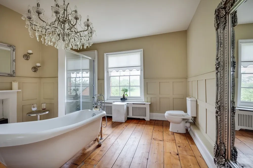 traditional bathroom with slipper bath behind bath angle