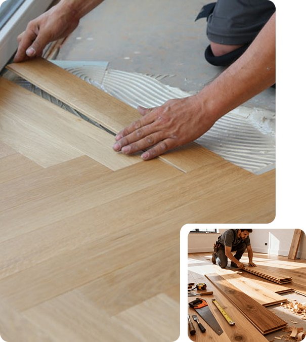 wood flooring installation using adhesive and click fit methods